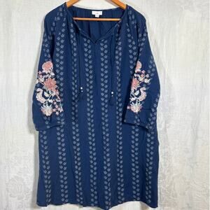 J Jill Dress Large Blue Embroidered Floral Pockets Tassel Knee Length Boho Flowy